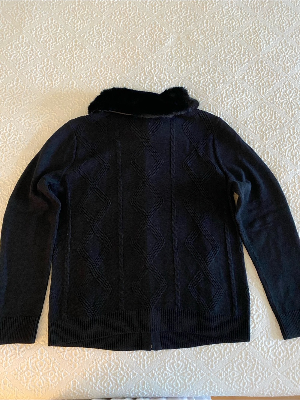 Talbots Black Knit Zip Cardigan with Faux Fur Trim • Petite Large - Picture 10 of 15